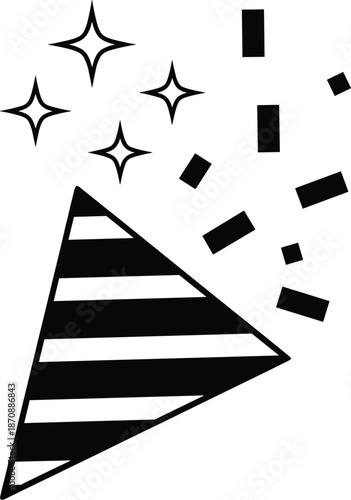 Minimalist black party popper vector icon with confetti and sparkling stars isolated on a plain white background.