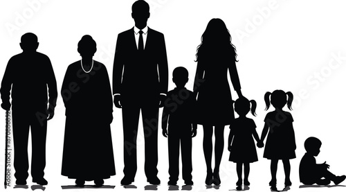 Multi generation family silhouettes standing together showing grandparents parents children unity love community heritage isolated black vector illustration concept