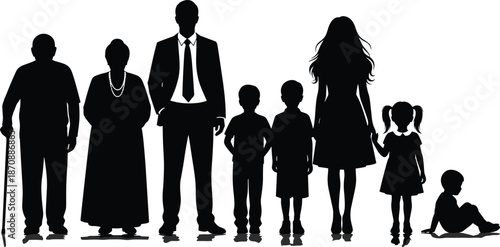 Multi generation family silhouettes standing together showing grandparents parents children unity love community heritage isolated black vector illustration concept design