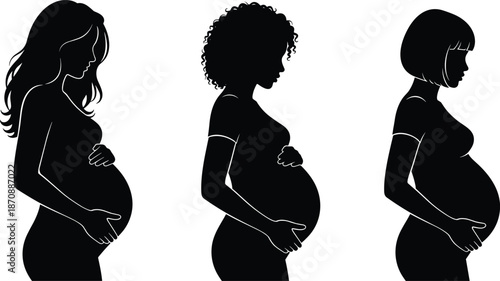 Pregnant women silhouettes showing maternity pregnancy stages diversity mother body profile isolated black vector illustration healthcare concept design art set