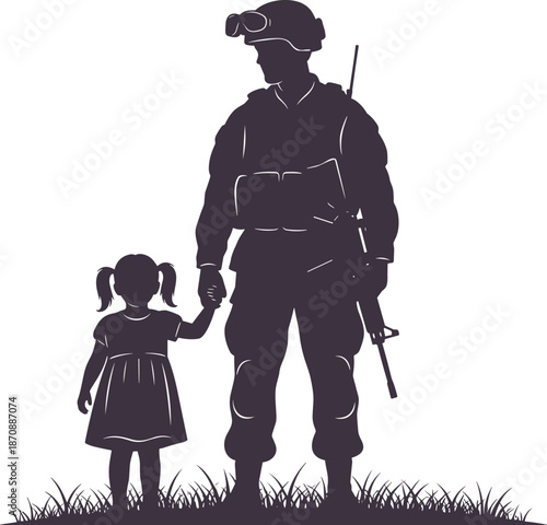 Soldier holding child hand silhouette symbolizing protection sacrifice family love war peace security isolated black vector illustration concept