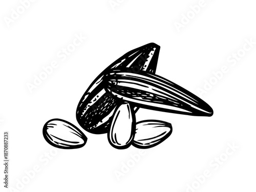 Black hulled sunflower seed pile monochrome vector black and white illustration. Peeled and oilseeds in peel etching drawing. Nut ingredient heap for healthy snack packaging, vegan food labels