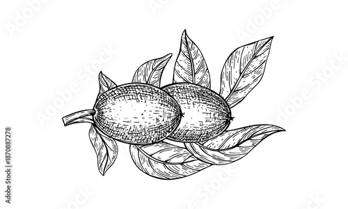 Ripening walnut pods and leaves monochrome vector line ink illustration. Walnuts in husk growing on tree realistic graphic sketch. Two nuts in green shell on branch for healthy food packaging