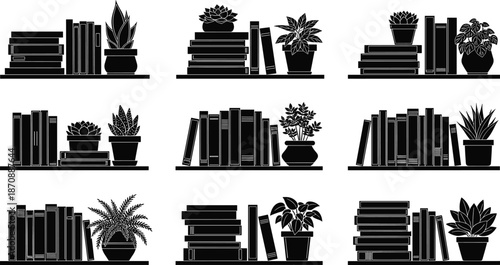 Set of bookshelf silhouettes with books and potted house plants including succulents and leafy greenery for home library interior design vector