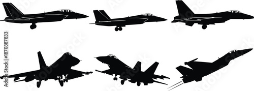 Set of military fighter jet aircraft silhouettes including modern supersonic navy planes and air force aviation design elements for vector graphics