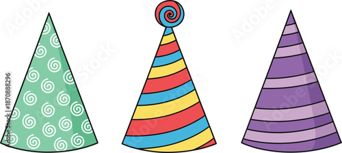 Set of three colorful party hats featuring swirl patterns and stripes for birthday celebrations and festive event decorations.