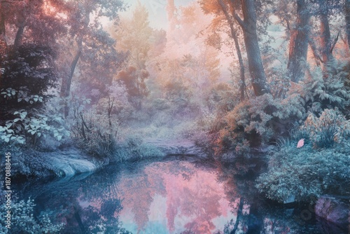 Serene forest landscape with a tranquil pond reflecting soft hues during twilight