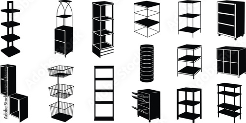 Set of modern furniture silhouettes including bookshelves storage racks cabinets and retail display stands for interior home office and shop design