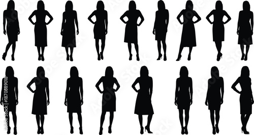 Women Fashion Silhouette Set Collection, Elegant Lady in Dress Outlines, Professional Business Woman Poses, Vector Female Models for Apparel Design