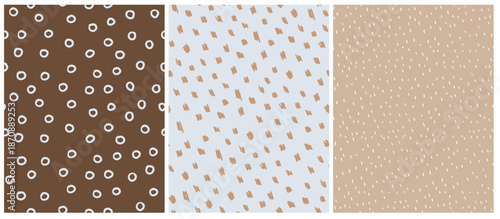 Blue And Brown Seamless Vector Pattern With Circles, Dots And Spots. Irregular Abstract Doodle Print Ideal For Fabric, Packaging.Childish Hand Drawn Spots And Dots On Blue, Beige And Brown Background.