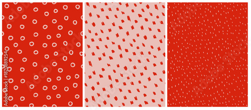 Red And Pink Seamless Vector Pattern With Circles, Dots And Spots. Simple Irregular Abstract Doodle Print Ideal For Fabric, Packaging. Hand Drawn Spots And Dots On Pink And Red Background.