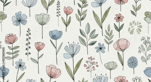 This illustration is abstract flowers drawing square seamless pattern white color background.