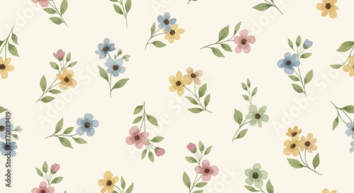 Seamless ditsy floral pattern with cute little flowers on white background
