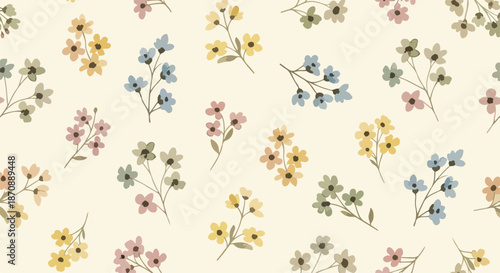 Seamless ditsy floral pattern with cute little flowers on white background