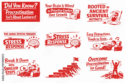 Motivational infographics/posters about procrastination in the style of red vintage propaganda/motivational science posters.