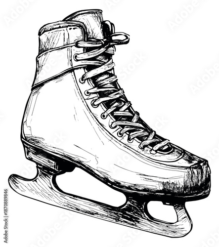 Hand drawn line art illustration of an ice skate depicting winter sports equipment for seasonal activities