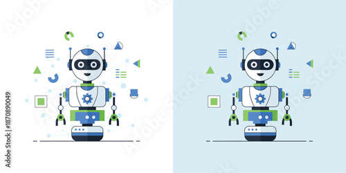 Robot illustrations in various geometric environments showcasing futuristic technology and artificial intelligence concepts