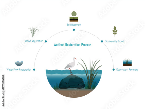 Wetland Restoration Process Infographic Wetland restoration process diagram showing ecosystem recovery