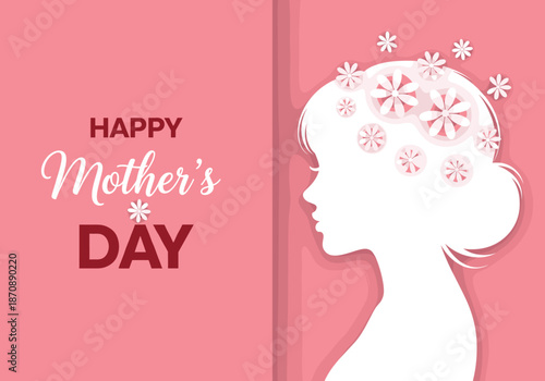 Happy Mothers Day elegant silhouette illustration with floral hair design feminine greeting card concept