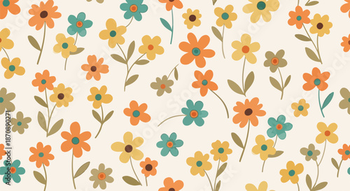 Stylized flowers. Red and blue retro stylized flower and circles seamless pattern.
