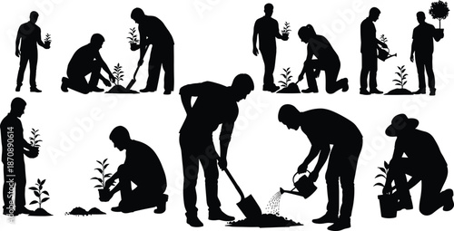 People planting trees silhouettes illustrating gardening environmental conservation teamwork nature care sustainability outdoor activity vector illustration set
