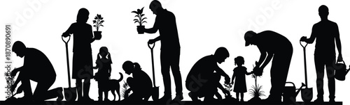People planting trees silhouettes showing environmental conservation teamwork gardening sustainability nature care outdoor eco activity vector illustration community growth initiative