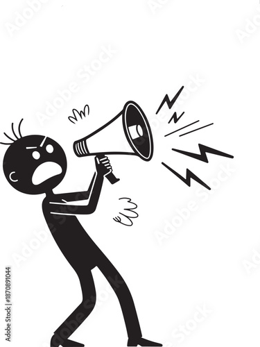 Angry stick figure shouting loudly through megaphone with dynamic motion lines