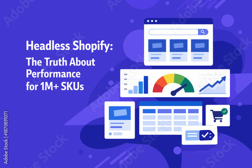 Modern, professional cover/illustration in tech/data-driven flat design style with Headless Shopify theme and a focus on performance with very large catalogs.