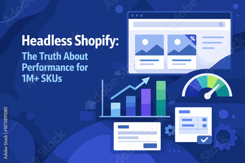 Illustration/cover in flat/illustrative design with Headless Shopify theme and a focus on performance for large catalogs (1M+ SKUs) — over a million stock keeping units (SKUs).