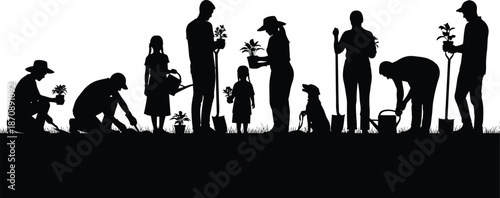 Silhouettes of diverse family and community members planting trees and flowers in a garden for environmental conservation and sustainability projects