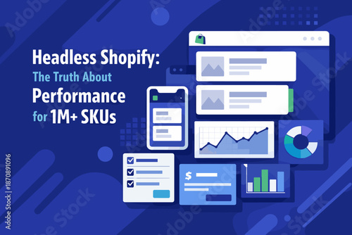 Tech/business infographic illustration on Headless Shopify and its performance with very large catalogs (1 million+ SKUs).