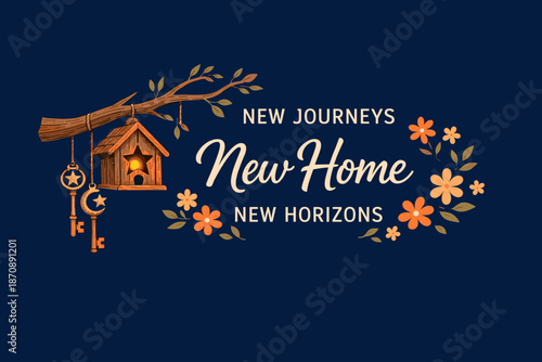 The greeting card looks very cozy, warm, and motivating—perfect for a housewarming, invitation, or simply as a reminder of new beginnings.