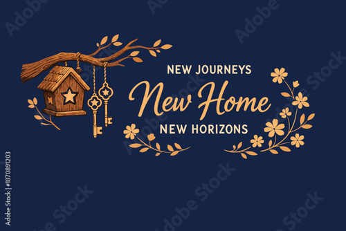 Elegant, warm logo / cover / greeting graphics in cozy / rustic / boho style with a new home, housewarming theme