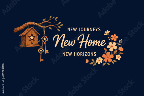 The greeting card looks very cozy, warm, and motivating—perfect for a housewarming, invitation, or simply as a reminder of new beginnings.