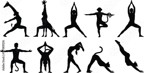 Yoga and animal inspired fitness silhouettes showing strength balance flexibility meditation poses wellness exercise vector illustration set collection design