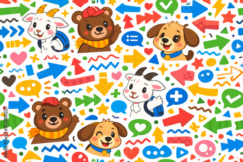 Cute children's/cartoon repeating pattern featuring the following characters: Bear, Puppy, Goat with small horns, Plus a bunch of geometric shapes