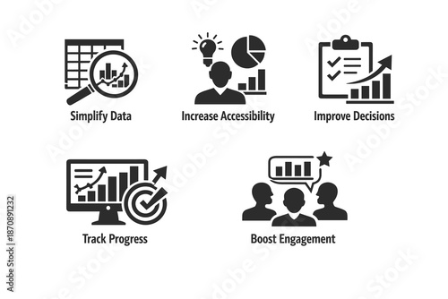 a set of data visualization benefits, presented in the form of black icons