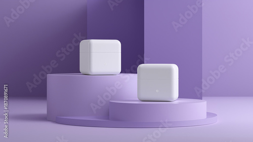 Minimal 3D tech product mockup featuring two white gadget cases displayed on smooth round podiums with a clean purple background. Perfect for showcasing earbuds, smart devices