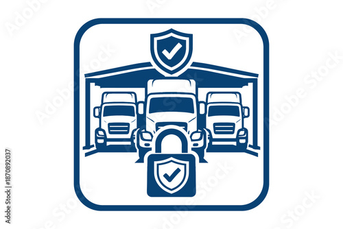 Minimalist logo badge in monochrome blue (square format) on the theme of secure parking and guarded truck facilities (secure truck parking, guarded truck facility, protected logistics parking).