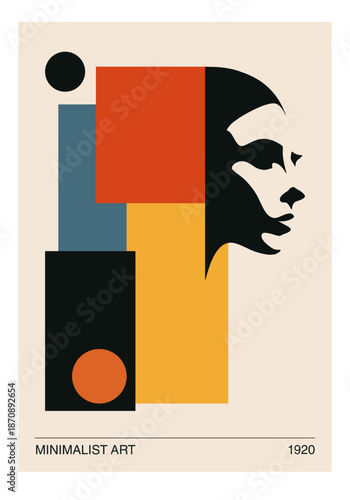 Minimalist 20s geometric design poster with stylized face, vector template with primitive shapes elements, modern hipster style