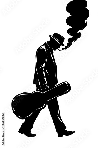 A man wearing a fedora hat, with a cigarette/cigar in his mouth, thick smoke coming out of it, dressed in a suit/raincoat, carrying a guitar case on his shoulder, walking in profile.