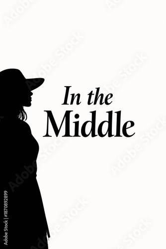 Black and white minimalist logo/cover in the style of film noir or detective genre. Silhouette of a woman in profile, with long hair, wearing a wide-brimmed hat and a long coat or raincoat.