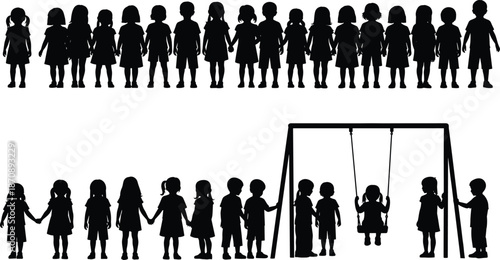 Black Silhouette Collection of Children Standing in Line and Playing on a Swing Set, Kids Group Vector for School Playground