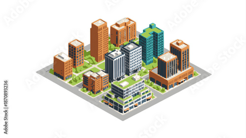 Modern Isometric Cityscape Design Urban Block Development Infrastructure Vector Illustration