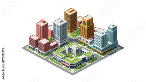 Modern Isometric City Buildings Architectural Planning Urban Development Concept Illustration with Green Roofs