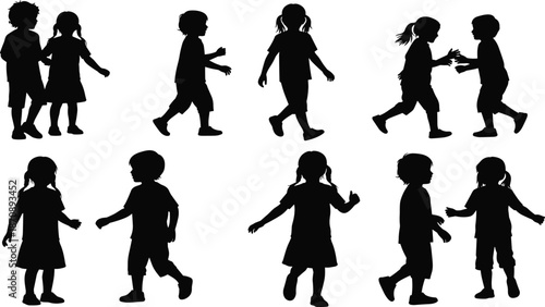 Black Silhouette Collection of Children Walking and Playing Together, Diverse Kids Motion Vector Set for School Activity and Childhood Design