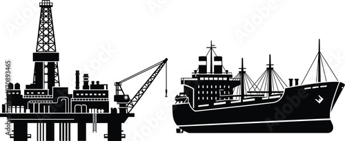 Offshore oil rig and cargo ship silhouettes, petroleum industry marine transportation, energy logistics concept, black vector illustration isolated
