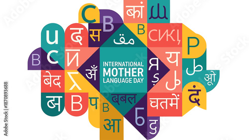 A vibrant graphic celebrating International Mother Language Day with diverse alphabets and scripts from around the world.