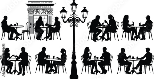 Outdoor cafe silhouettes set, people sitting at tables, romantic street restaurant scene, black vector illustration collection isolated