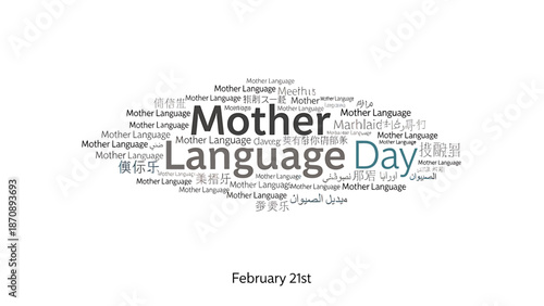 A word cloud featuring "Mother Language Day" in multiple languages, with "February 21st" below.